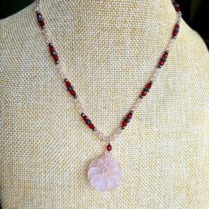 Rose Quartz Flower Pendant Crystal Beaded Necklace‎ 925 Sterling Silver
